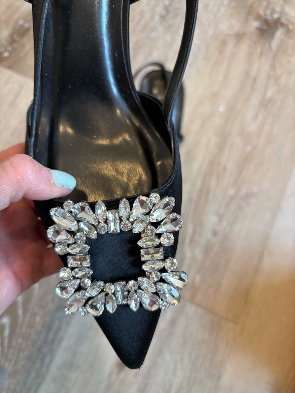 a new day Black Satin Pointed Toe Slingback Mules with Crystal Square Buckle - Picture 2 of 5